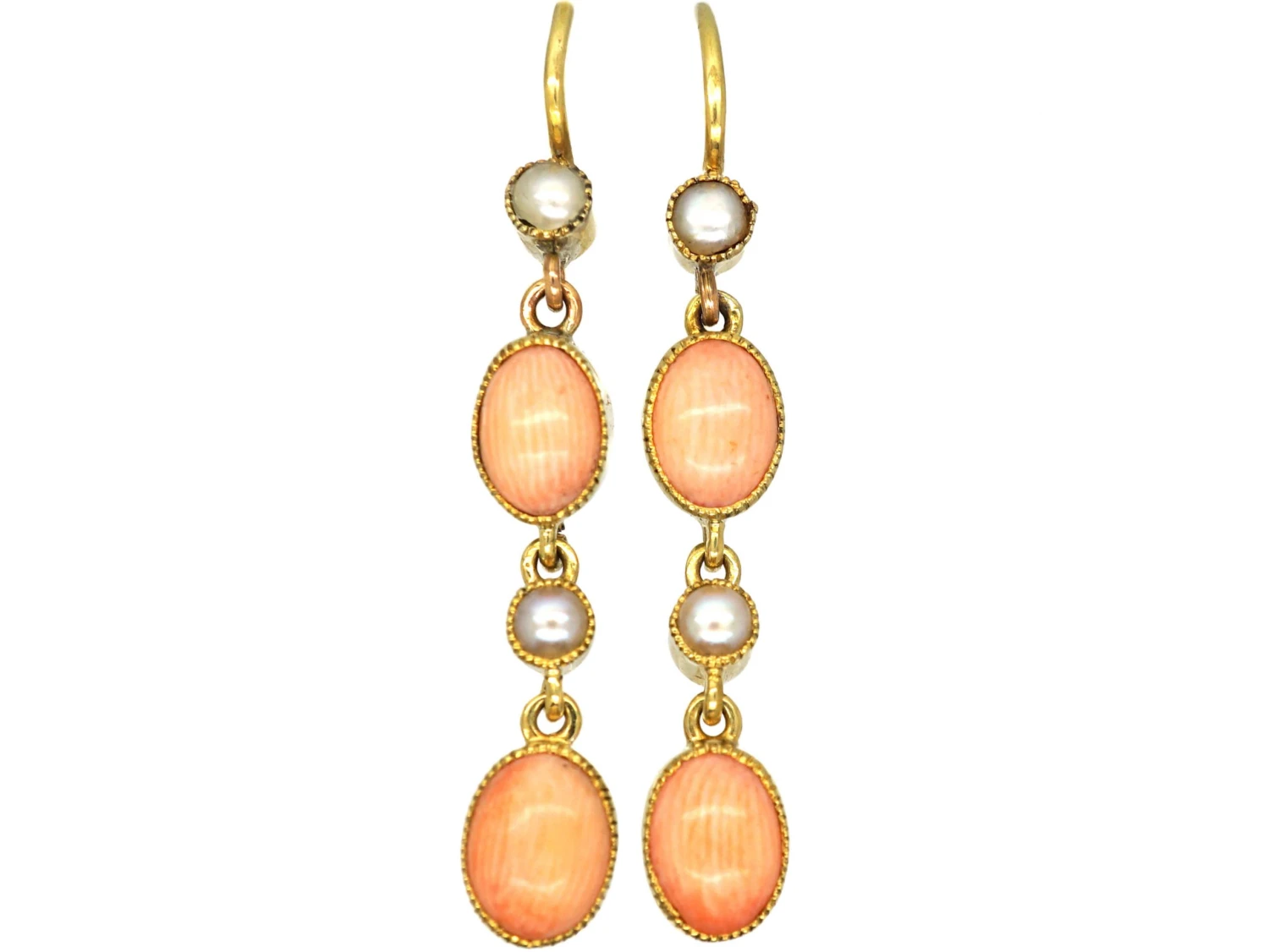 Edwardian 15ct Gold, Angel Skin Coral & Natural Split Pearl Drop Earrings 3 Edwardian 15ct Gold, Angel Skin Coral & Natural Split Pearl Drop Earrings