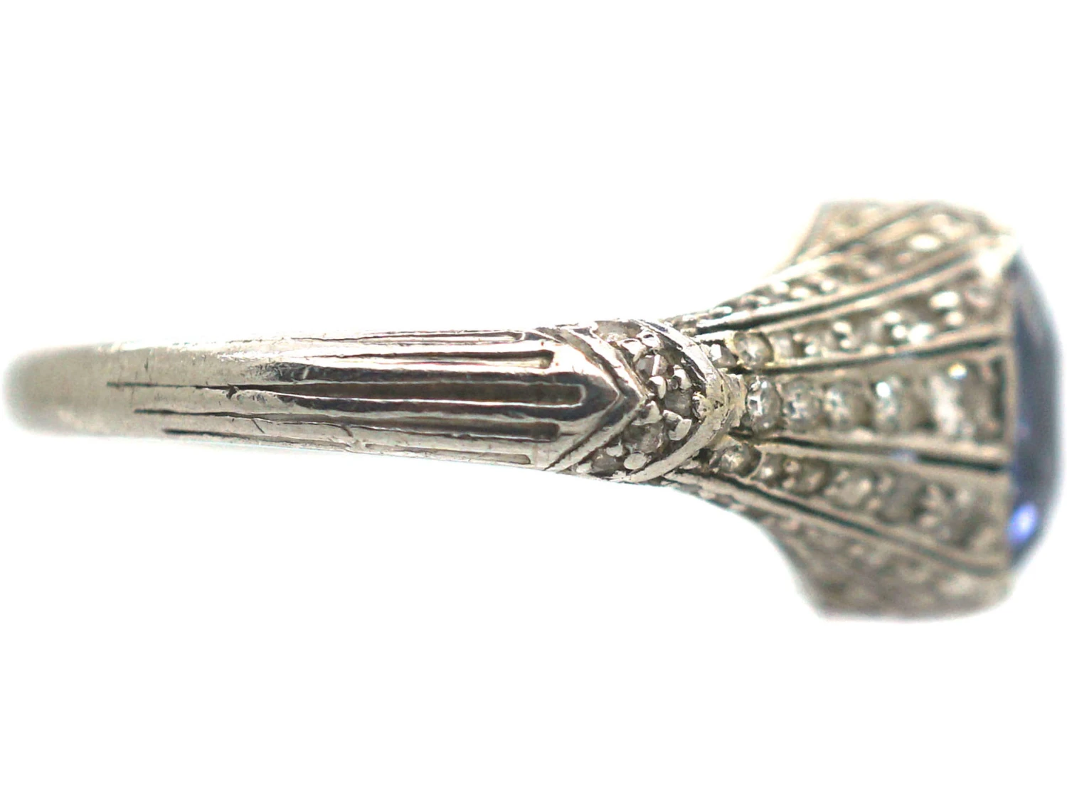 Art Deco Platinum, Ceylon Sapphire & Rose Diamond Ring 8 Art Deco Platinum, Ceylon Sapphire & Rose Diamond Ring - Image 6