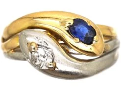 Art Deco 18ct Gold And Platinum Double Snake Ring Set With A Sapphire And Diamond