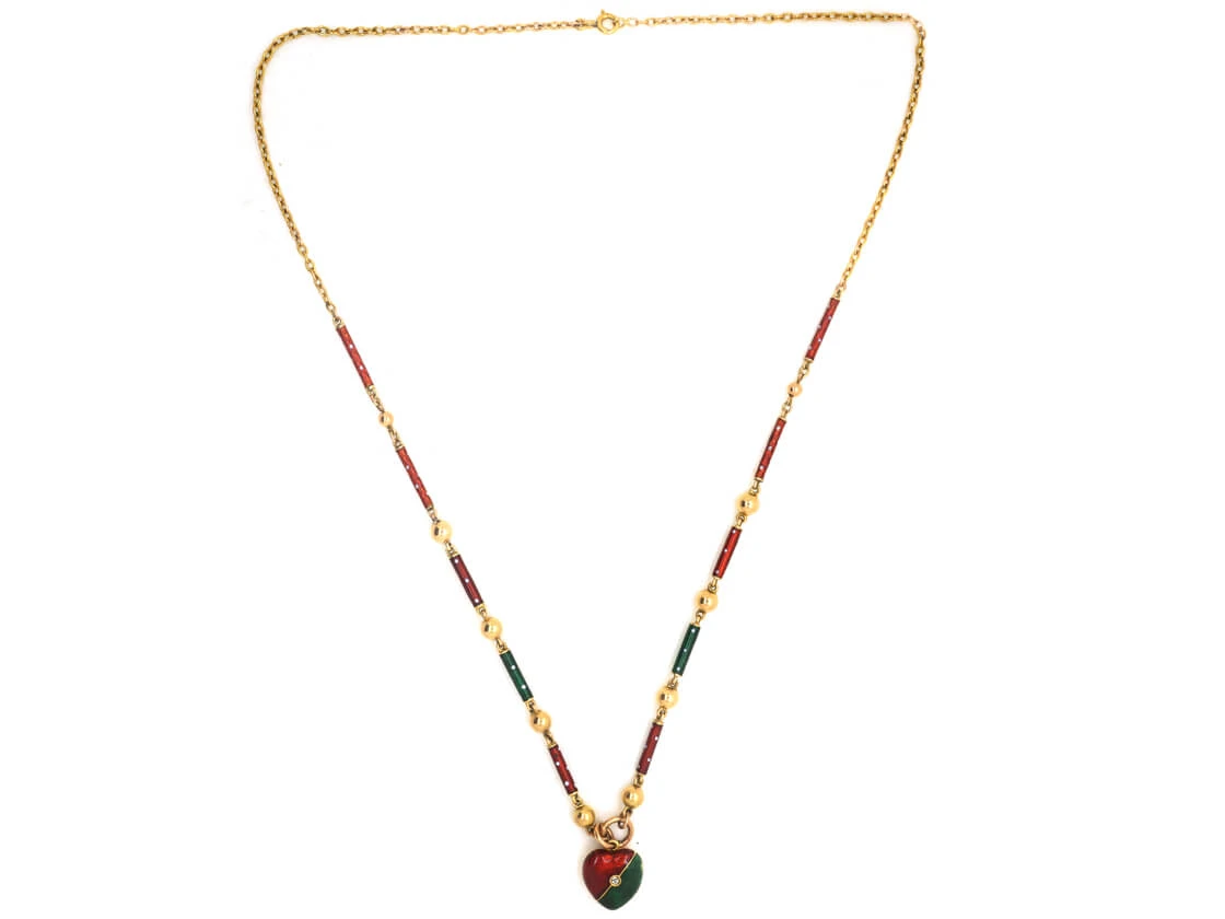 Edwardian 15ct Gold, Green & Red Enamel Heart Locket Set With A Diamond On Matching 15ct Gold Green & Red Enamel Chain 4 Edwardian 15ct Gold, Green & Red Enamel Heart Locket Set With A Diamond On Matching 15ct Gold Green & Red Enamel Chain - Image 2