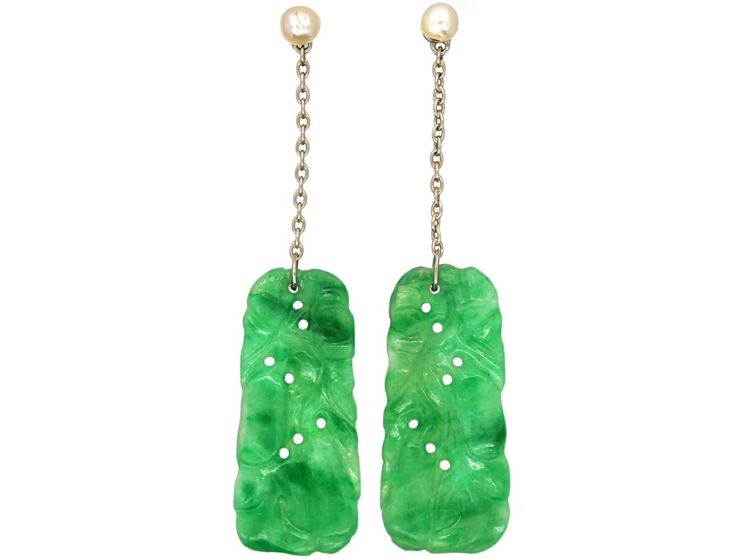 Art Deco 18ct White Gold Jade Drop Earrings 3 Art Deco 18ct White Gold Jade Drop Earrings