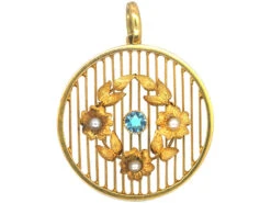 Edwardian 15ct Gold Aquamarine & Natural Split Pearl Round Pendant