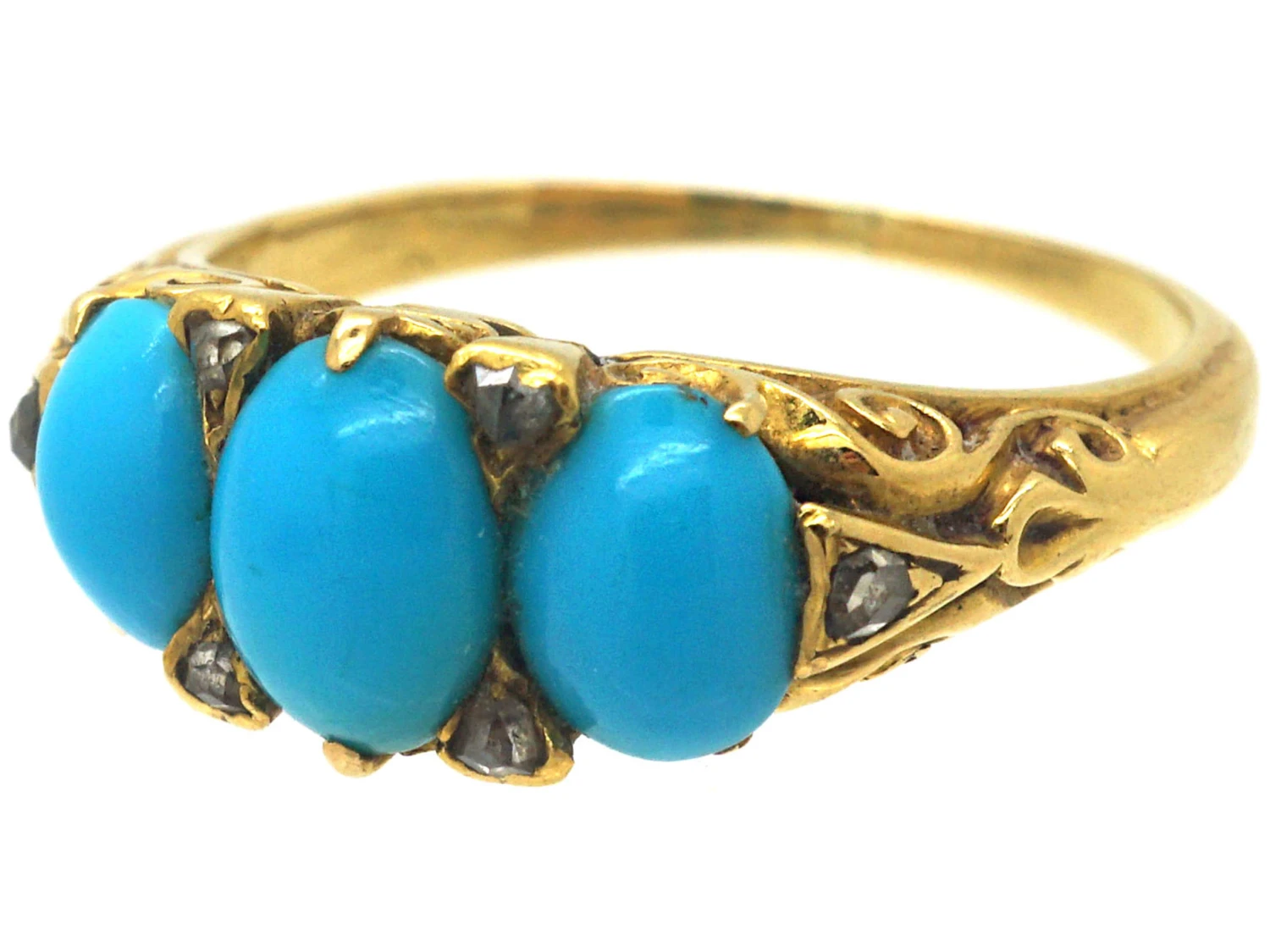 Victorian 18ct Gold Three Stone Turquoise & Rose Diamond Ring 9 Victorian 18ct Gold Three Stone Turquoise & Rose Diamond Ring - Image 7