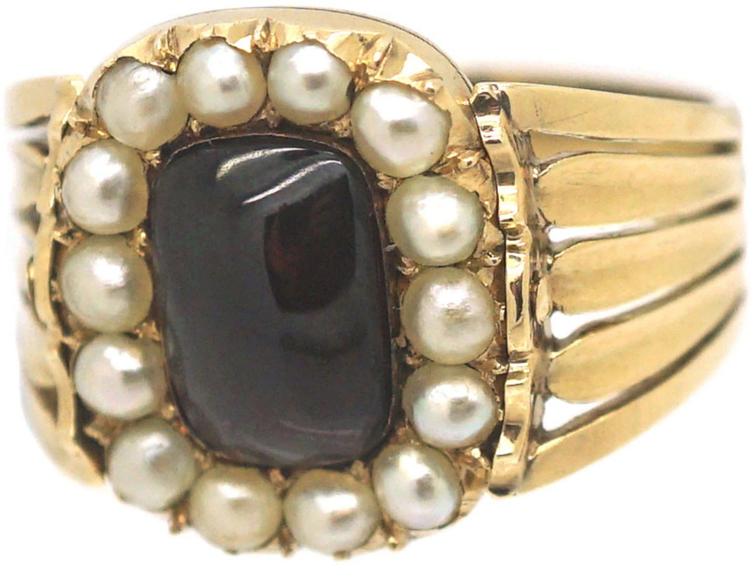 Georgian 18ct Gold, Cabochon Garnet & Natural Split Pearl Swivel Mourning Ring 9 Georgian 18ct Gold, Cabochon Garnet & Natural Split Pearl Swivel Mourning Ring - Image 7