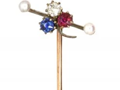 Edwardian Three Leaf Clover Sapphire, Diamond & Ruby Tie Pin With A Natural Pearl At Either End