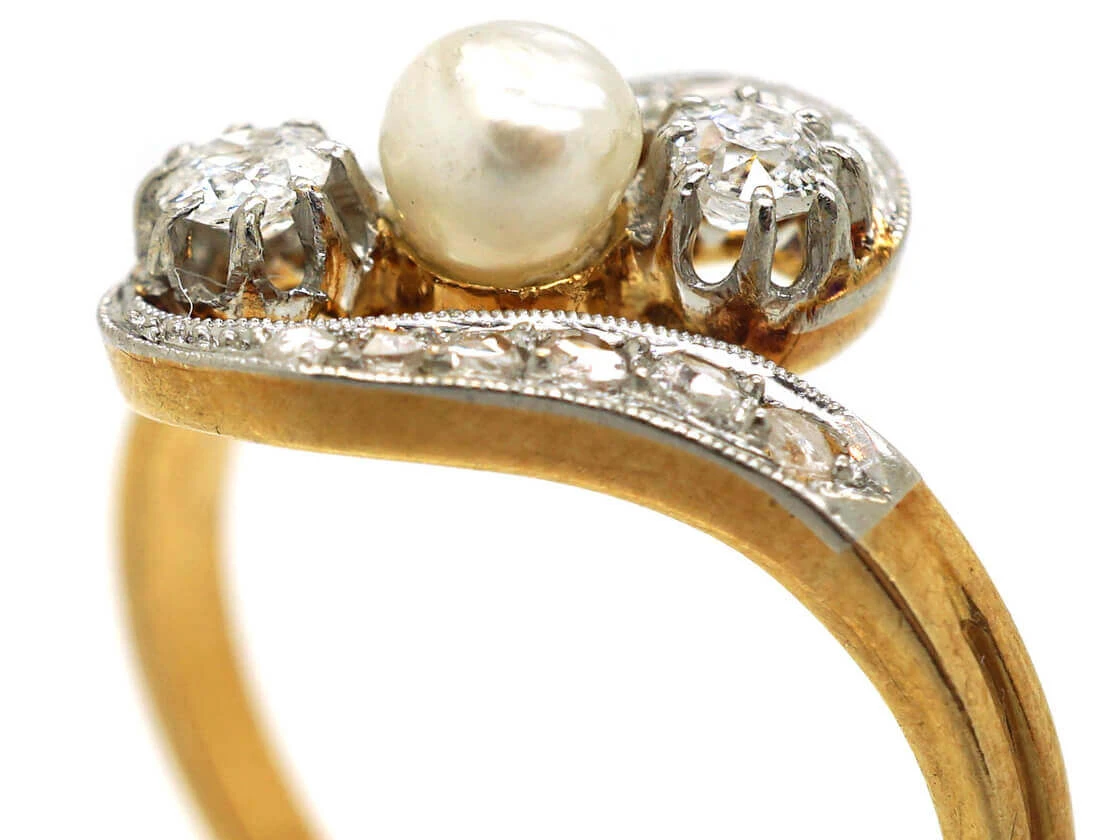 Art Nouveau 18ct Gold & Platinum, Diamond & Natural Pearl Crossover Ring 5 Art Nouveau 18ct Gold & Platinum, Diamond & Natural Pearl Crossover Ring - Image 3