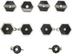 Art Deco 18ct White Gold, Onyx & Diamond Dress Set In Original Case