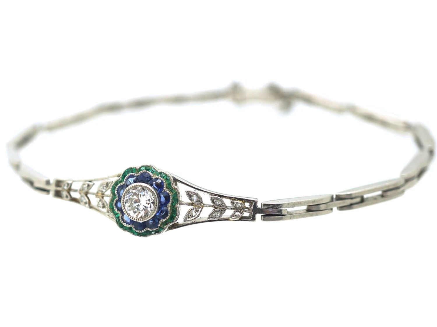 Art Deco Platinum, Diamond Emerald & Sapphire Bracelet 5 Art Deco Platinum, Diamond Emerald & Sapphire Bracelet - Image 3