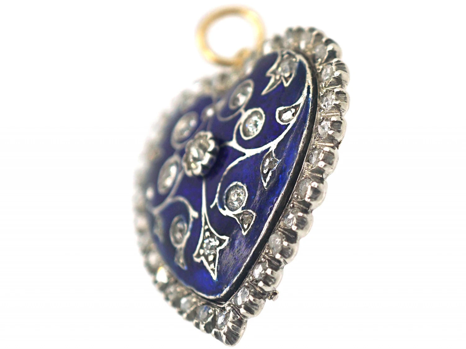Edwardian 18ct White & Yellow Gold Royal Blue Enamel & Diamond Heart Shaped Pendant 4 Edwardian 18ct White & Yellow Gold Royal Blue Enamel & Diamond Heart Shaped Pendant - Image 2