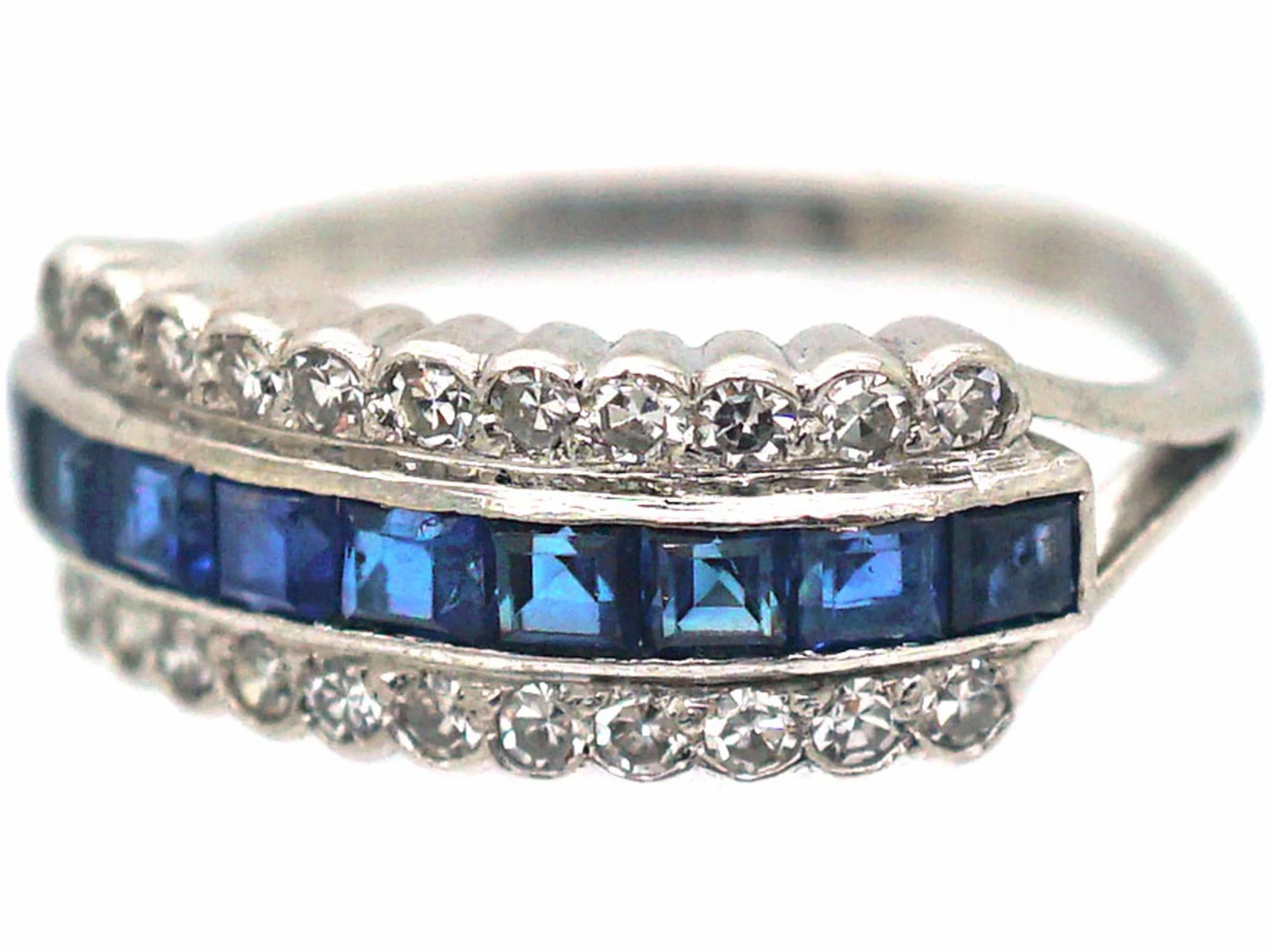 Art Deco Platinum Sapphire & Diamond Three Row Ring 8 Art Deco Platinum Sapphire & Diamond Three Row Ring - Image 6
