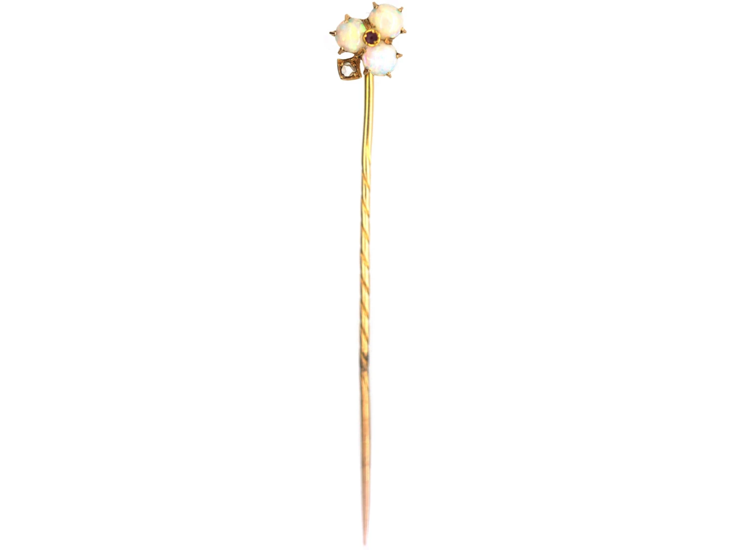 Edwardian 15ct Gold Opal, Ruby & Rose Diamond Trefoil Tie Pin 4 Edwardian 15ct Gold Opal, Ruby & Rose Diamond Trefoil Tie Pin - Image 2