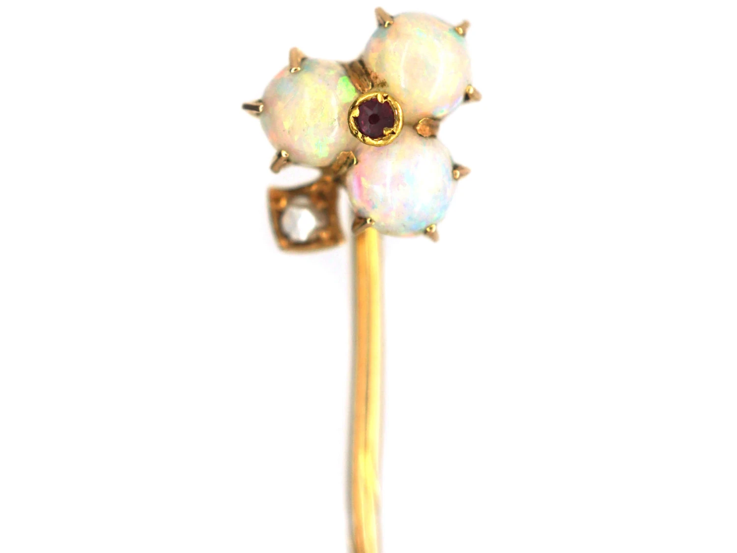 Edwardian 15ct Gold Opal, Ruby & Rose Diamond Trefoil Tie Pin 3 Edwardian 15ct Gold Opal, Ruby & Rose Diamond Trefoil Tie Pin