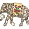 Edwardian Elephant Brooch Set With Diamonds, Rubies, An Emerald & A Natural Pearl