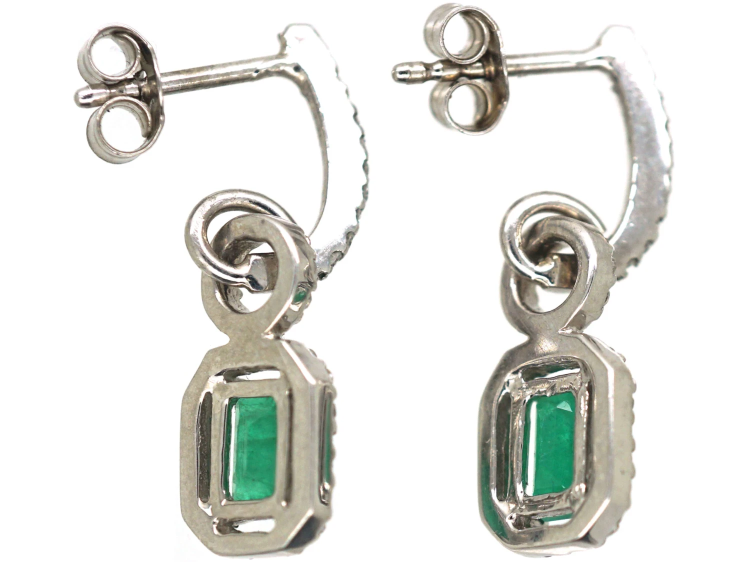 18ct White Gold, Emerald & Diamond Drop Earrings 4 18ct White Gold, Emerald & Diamond Drop Earrings - Image 2