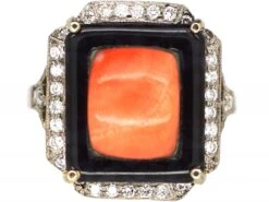 Art Deco 18ct White Gold Coral, Onyx And Diamond Ring