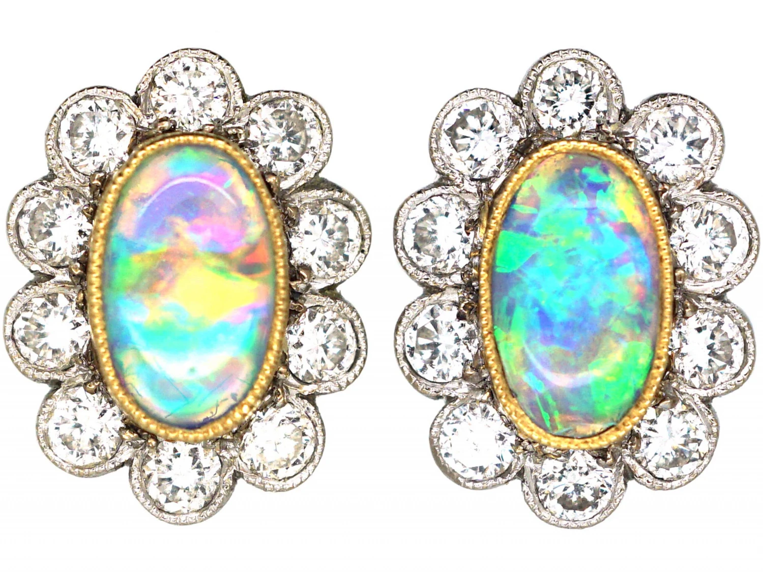 Edwardian 18ct Gold & Platinum, Opal & Diamond Oval Cluster Earrings 3 Edwardian 18ct Gold & Platinum, Opal & Diamond Oval Cluster Earrings