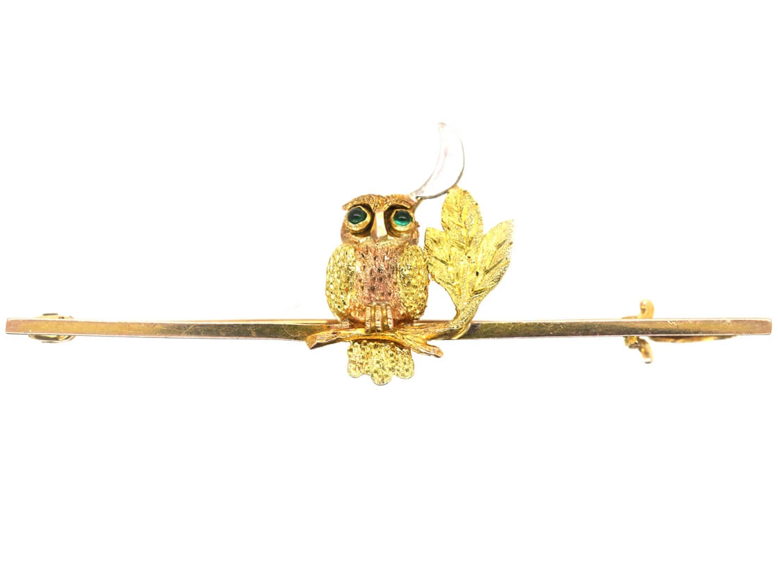 Edwardian 9ct Two Colour Gold Night Owl Brooch 3 Edwardian 9ct Two Colour Gold Night Owl Brooch