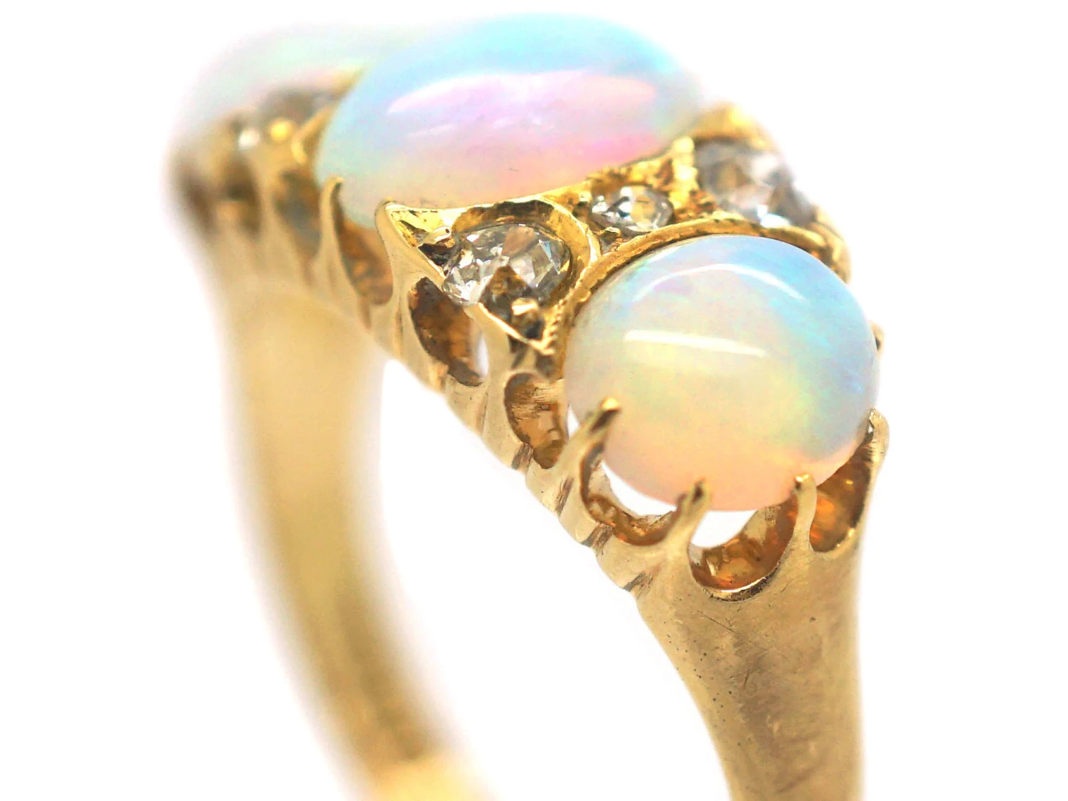 Victorian 18ct Gold, Three Stone Opal & Diamond Ring 5 Victorian 18ct Gold, Three Stone Opal & Diamond Ring - Image 3