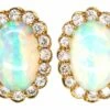 14ct Gold, Large Opal And Diamond Oval Cluster Earrings