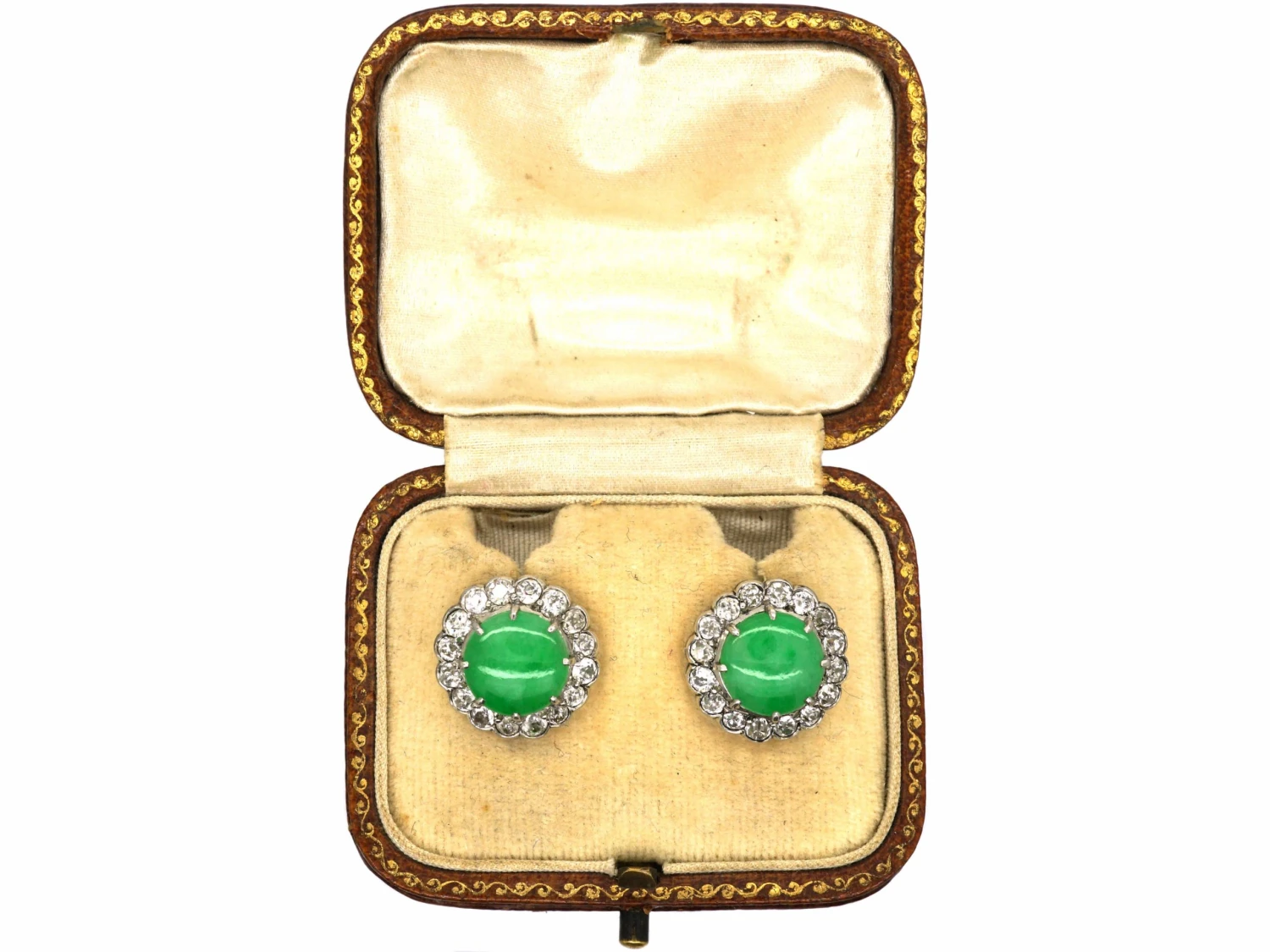Art Deco 18ct White Gold, Jade & Diamond Cluster Earrings In Original Case 5 Art Deco 18ct White Gold, Jade & Diamond Cluster Earrings In Original Case - Image 3