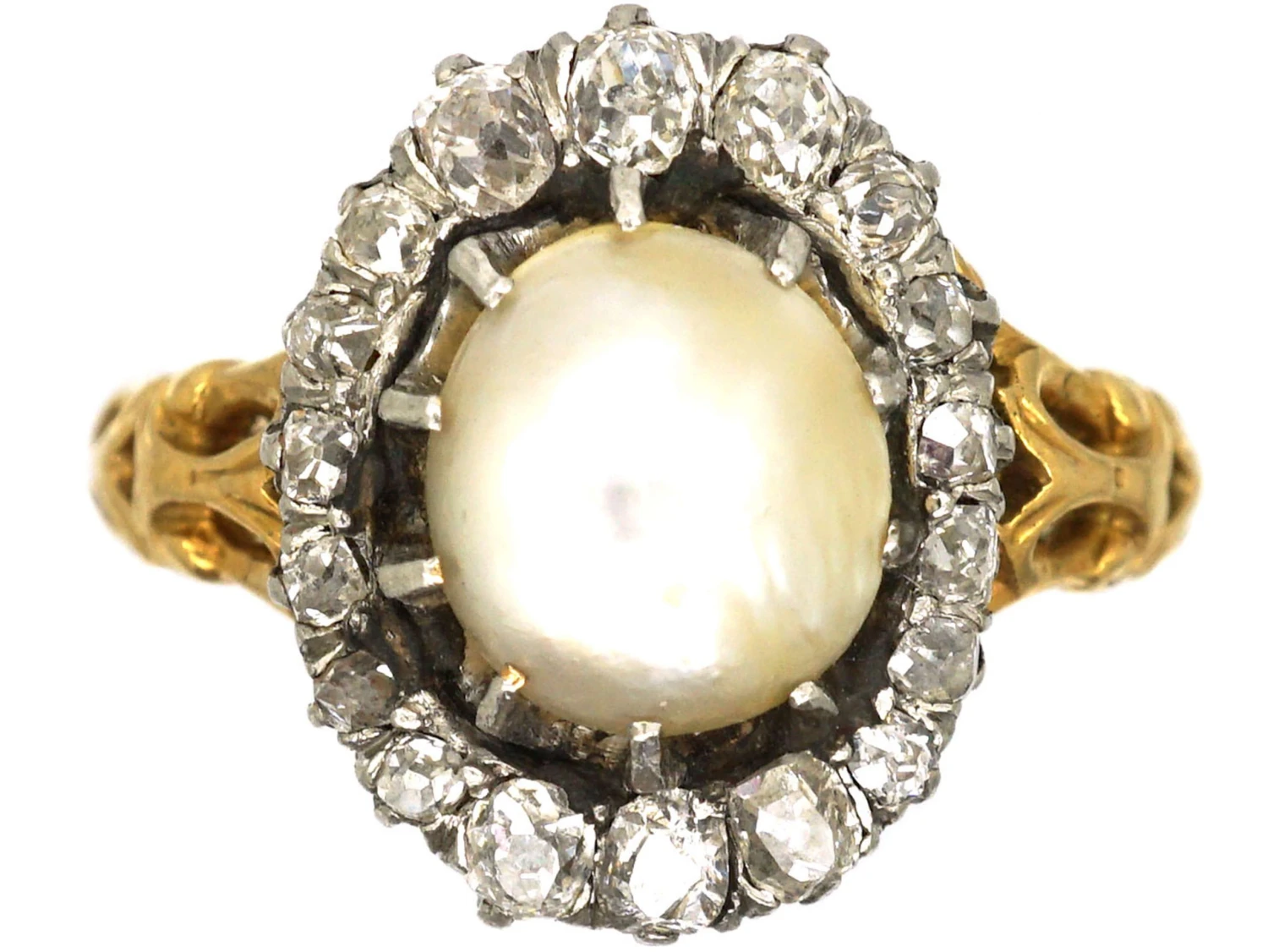 Victorian 18ct Gold, Natural Pearl & Old Mine Cut Diamond Cluster Ring 3 Victorian 18ct Gold, Natural Pearl & Old Mine Cut Diamond Cluster Ring