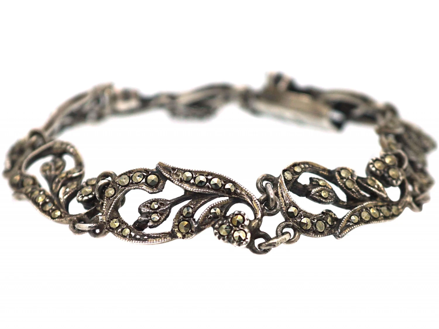Art Deco Silver & Marcasite Floral Design Bracelet 5 Art Deco Silver & Marcasite Floral Design Bracelet - Image 3