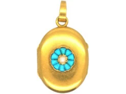 French 18ct Gold Oval Shaped Locket Set With Turquoise & A Natural Split Pearl