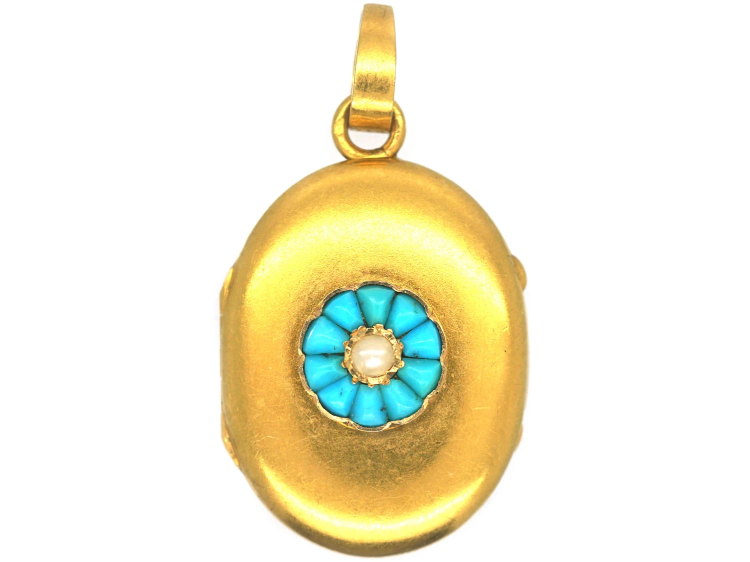 French 18ct Gold Oval Shaped Locket Set With Turquoise & A Natural Split Pearl 3 French 18ct Gold Oval Shaped Locket Set With Turquoise & A Natural Split Pearl
