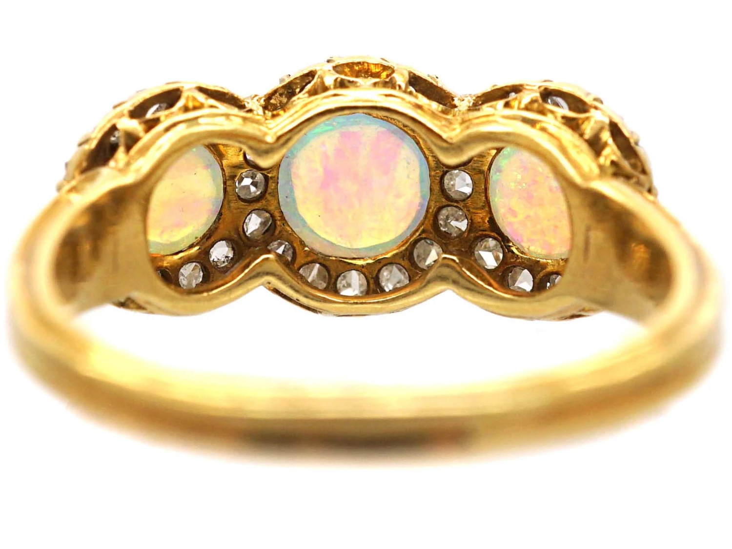 Edwardian 18ct Gold, Three Stone Opal & Rose Diamond Triple Cluster Ring 6 Edwardian 18ct Gold, Three Stone Opal & Rose Diamond Triple Cluster Ring - Image 4