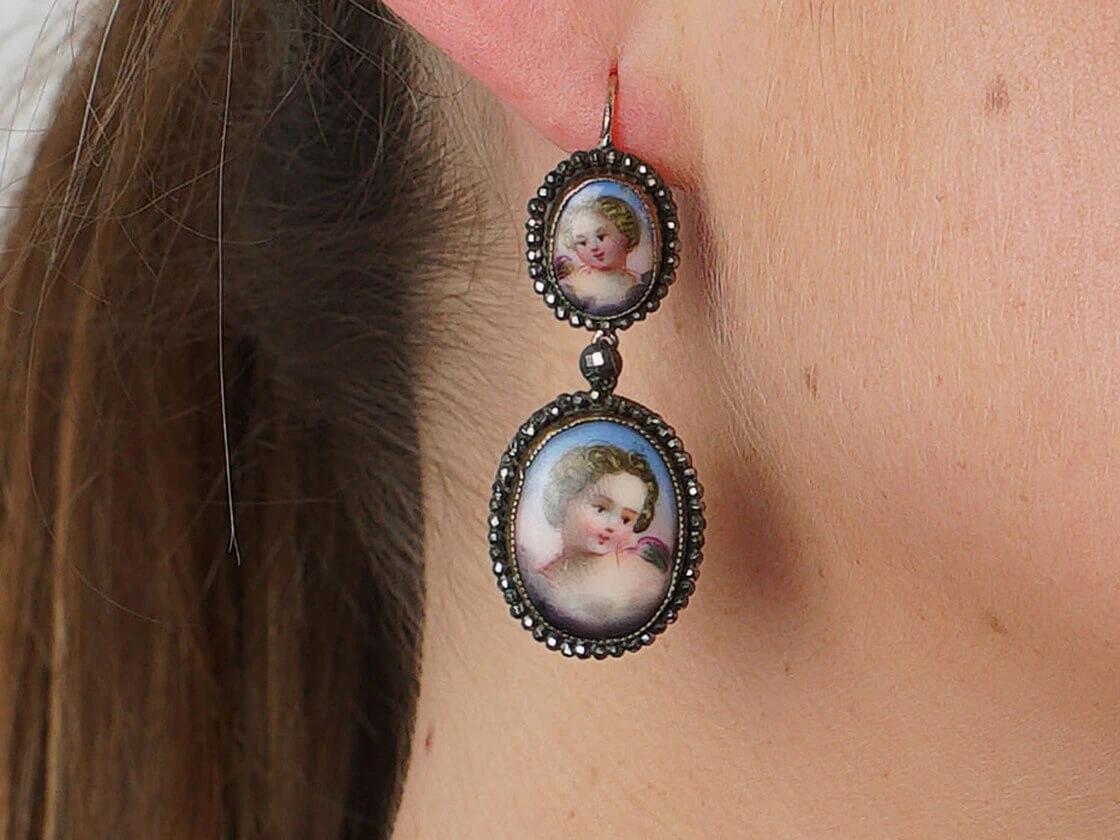 Victorian Cut Steel & Porcelain Cherub Drop Earrings 7 Victorian Cut Steel & Porcelain Cherub Drop Earrings - Image 5