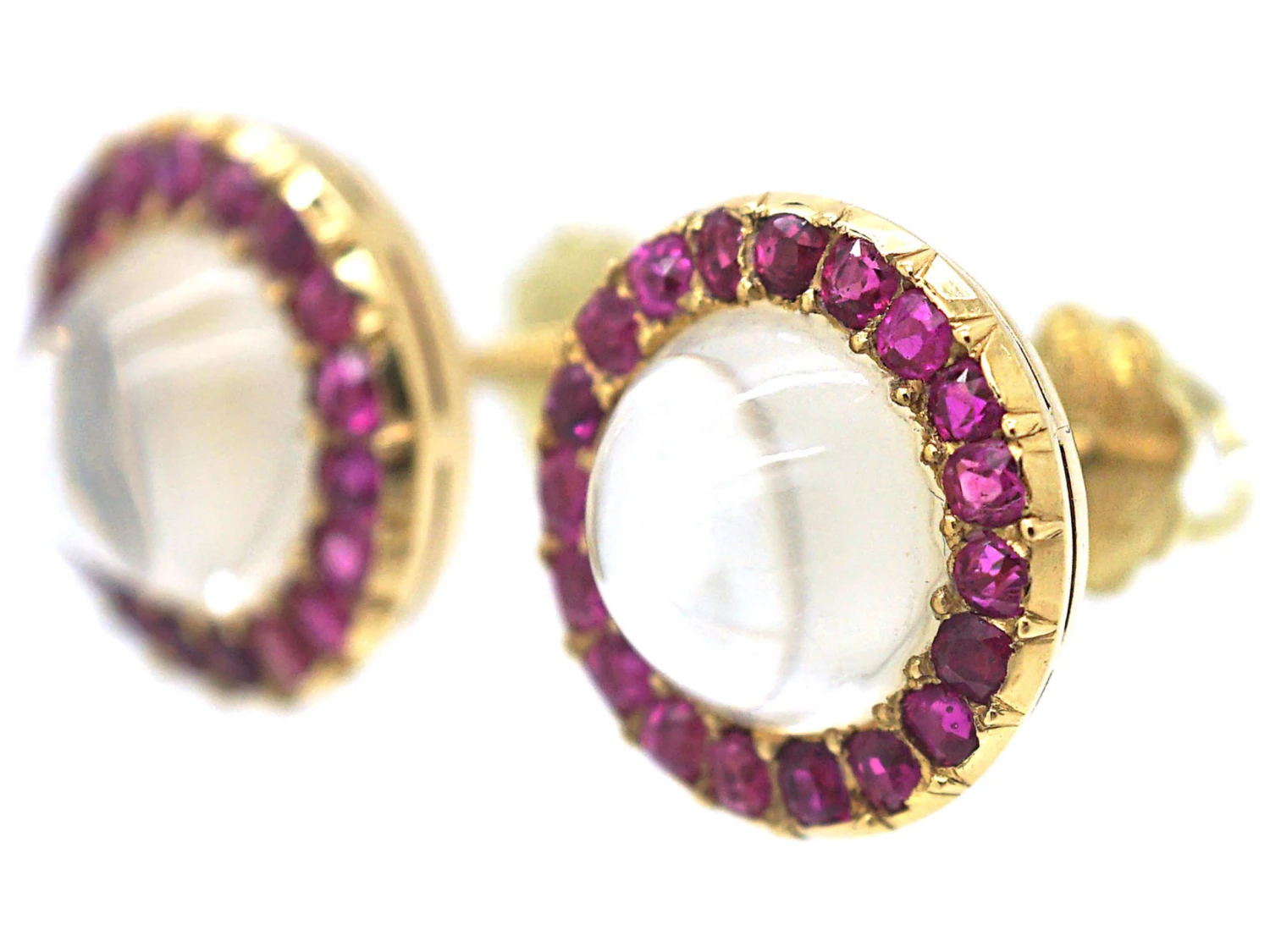 Edwardian 14ct Gold Moonstone & Ruby Round Stud Earrings 7 Edwardian 14ct Gold Moonstone & Ruby Round Stud Earrings - Image 5