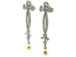 Edwardian Platinum, Diamond & Pearl Drop Earrings With Bow Drops 6 Edwardian Platinum, Diamond & Pearl Drop Earrings With Bow Drops -Antique Jewellery Company e706b7cf dsc08180