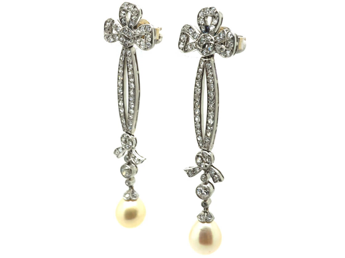 Edwardian Platinum, Diamond & Pearl Drop Earrings With Bow Drops 4 Edwardian Platinum, Diamond & Pearl Drop Earrings With Bow Drops - Image 2