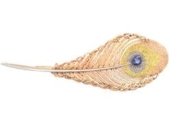Edwardian Three Colour Gold Peacock Feather Brooch Set With A Sapphire
