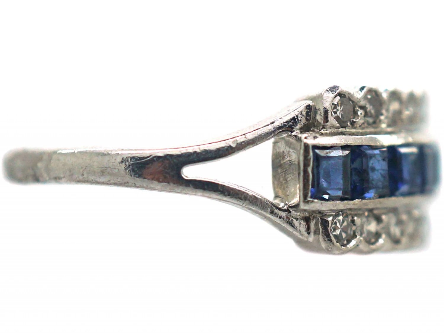 Art Deco Platinum Sapphire & Diamond Three Row Ring 7 Art Deco Platinum Sapphire & Diamond Three Row Ring - Image 5