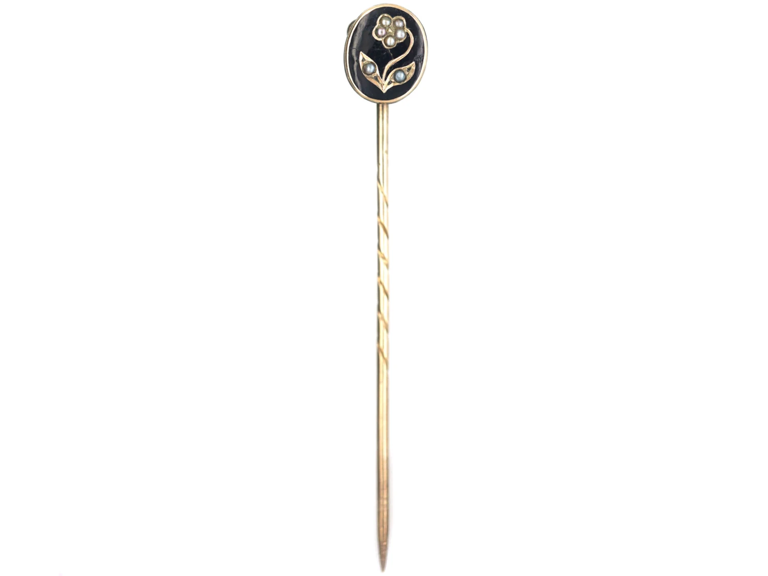 Victorian 9ct Gold & Black Enamel & Natural Split Pearl Forget Me Not Tie Pin 4 Victorian 9ct Gold & Black Enamel & Natural Split Pearl Forget Me Not Tie Pin - Image 2