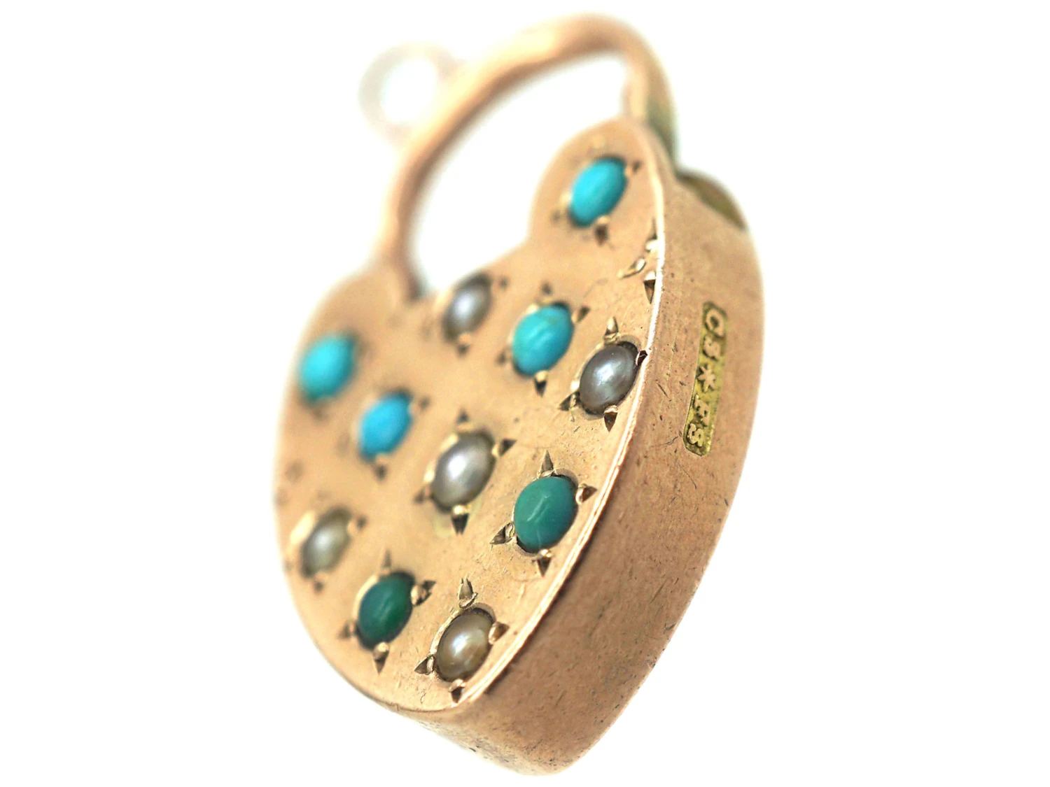 Victorian 9ct Gold Padlock Set With Turquoise & Natural Split Pearls 4 Victorian 9ct Gold Padlock Set With Turquoise & Natural Split Pearls - Image 2