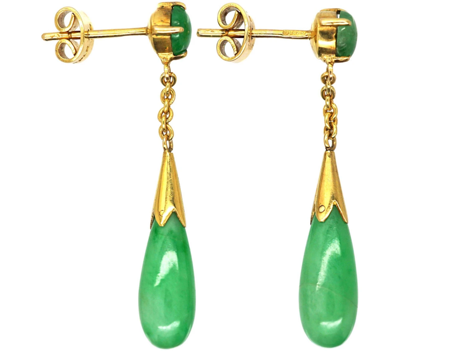 Art Deco 9ct Gold & Cabochon Jade Drop Earrings 4 Art Deco 9ct Gold & Cabochon Jade Drop Earrings - Image 2