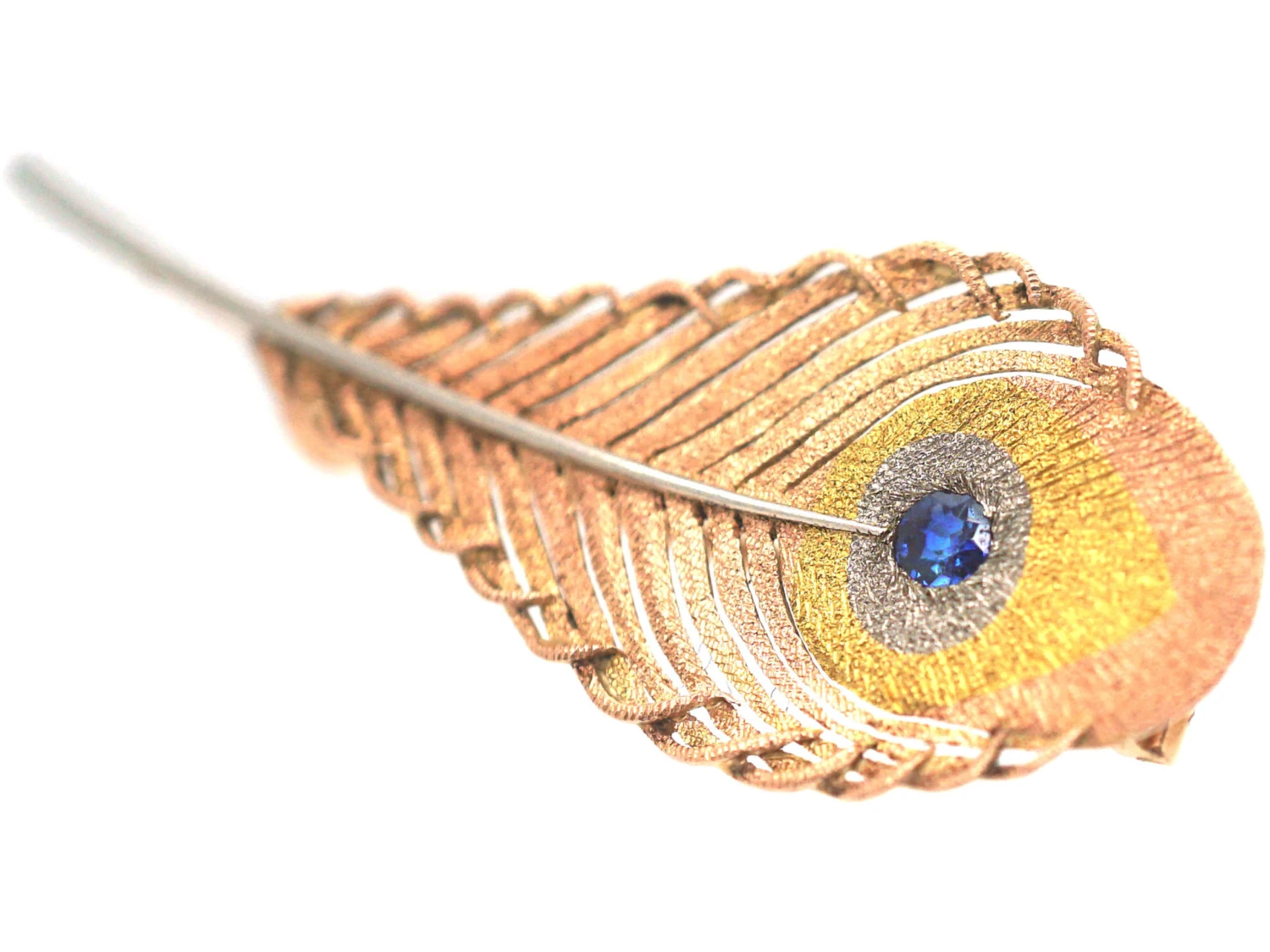 Edwardian Three Colour Gold Peacock Feather Brooch Set With A Sapphire 4 Edwardian Three Colour Gold Peacock Feather Brooch Set With A Sapphire - Image 2