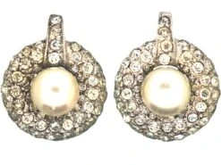Art Deco Silver, Paste & Faux Pearl Clip On Earrings
