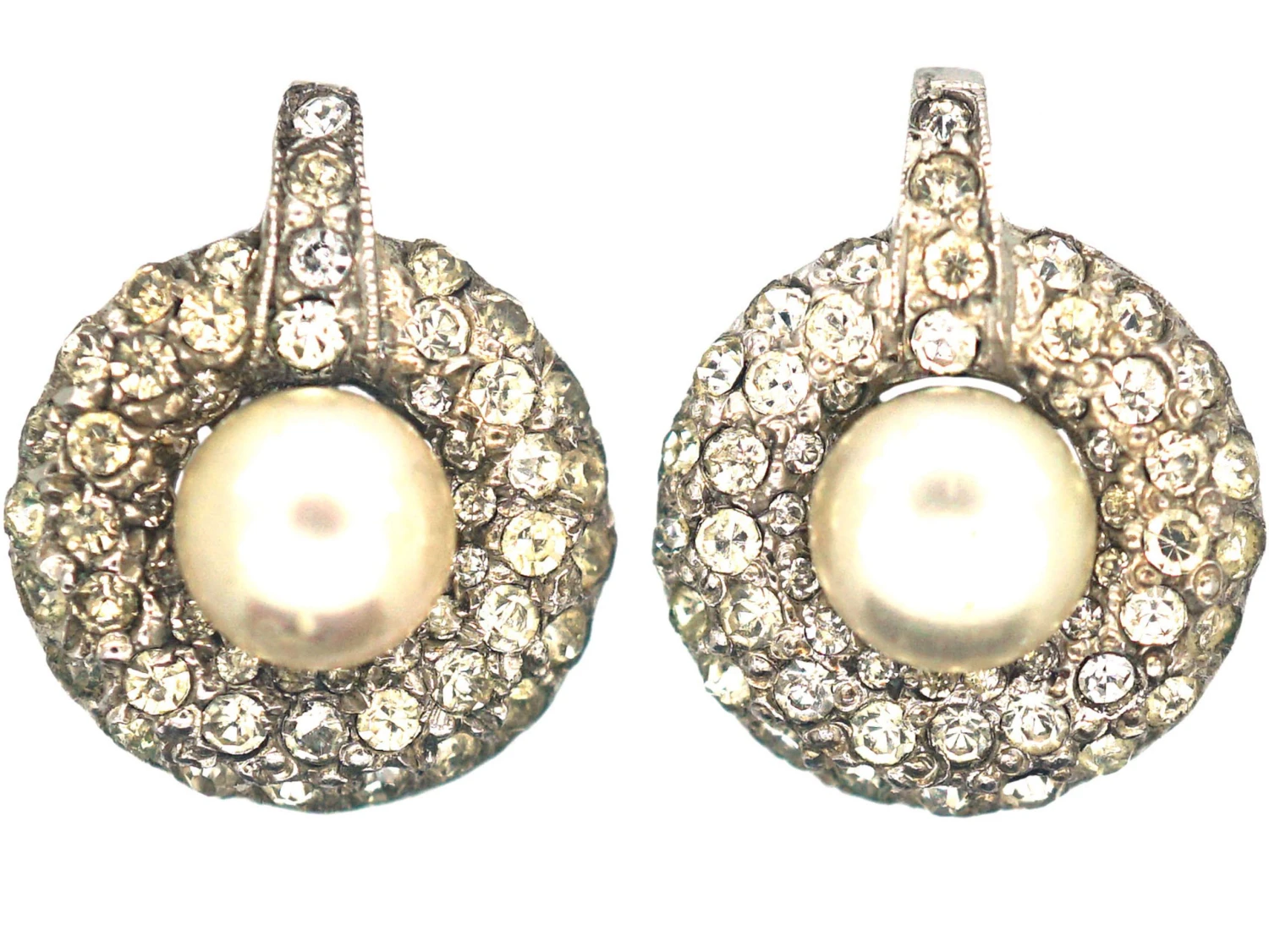 Art Deco Silver, Paste & Faux Pearl Clip On Earrings 3 Art Deco Silver, Paste & Faux Pearl Clip On Earrings