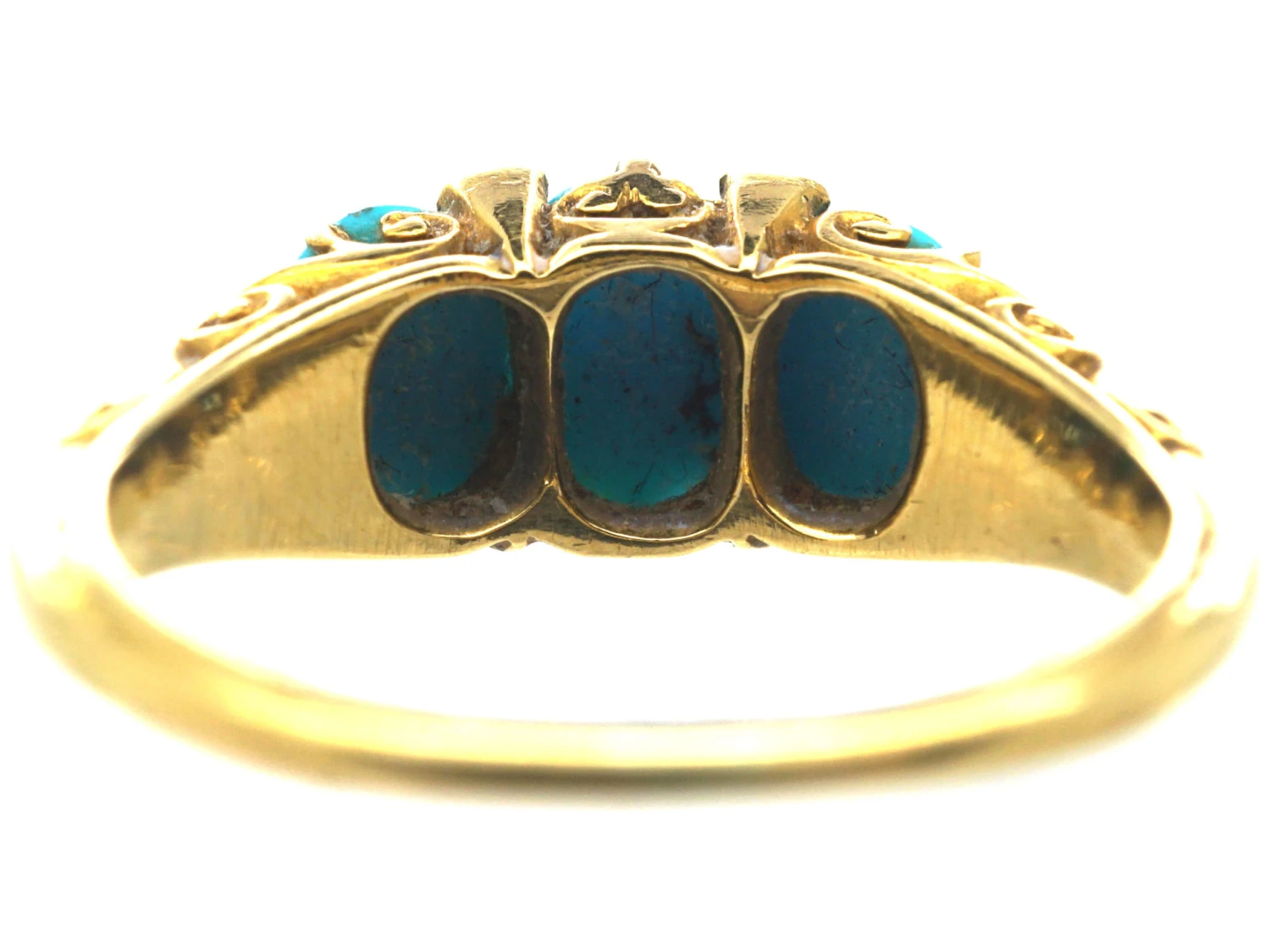 Victorian 18ct Gold Three Stone Turquoise & Rose Diamond Ring 7 Victorian 18ct Gold Three Stone Turquoise & Rose Diamond Ring - Image 5