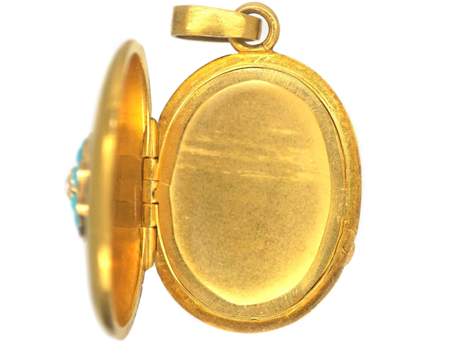 French 18ct Gold Oval Shaped Locket Set With Turquoise & A Natural Split Pearl 4 French 18ct Gold Oval Shaped Locket Set With Turquoise & A Natural Split Pearl - Image 2