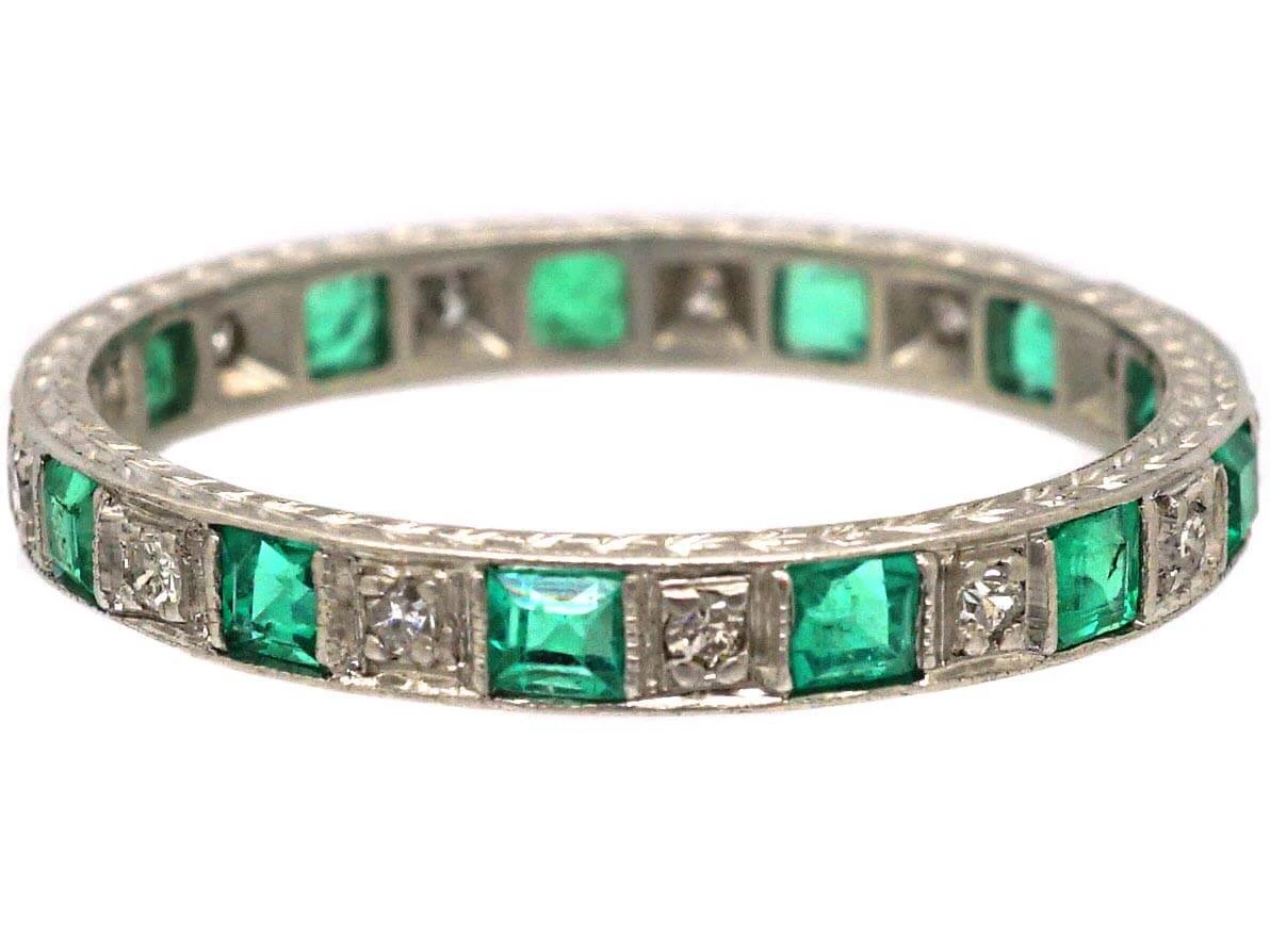 Art Deco Platinum Eternity Ring Set With Emeralds & Diamonds 5 Art Deco Platinum Eternity Ring Set With Emeralds & Diamonds - Image 3