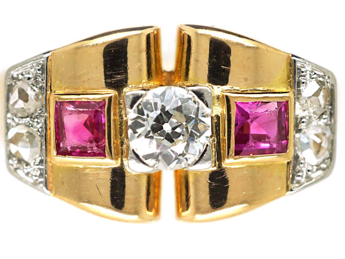 Art Deco 18ct Gold, Ruby & Diamond Geometric Ring 3 Art Deco 18ct Gold, Ruby & Diamond Geometric Ring