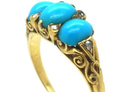 Victorian 18ct Gold Three Stone Turquoise & Rose Diamond Ring 11 Victorian 18ct Gold Three Stone Turquoise & Rose Diamond Ring -Antique Jewellery Company f562a1d3 dsc09297 scaled 1