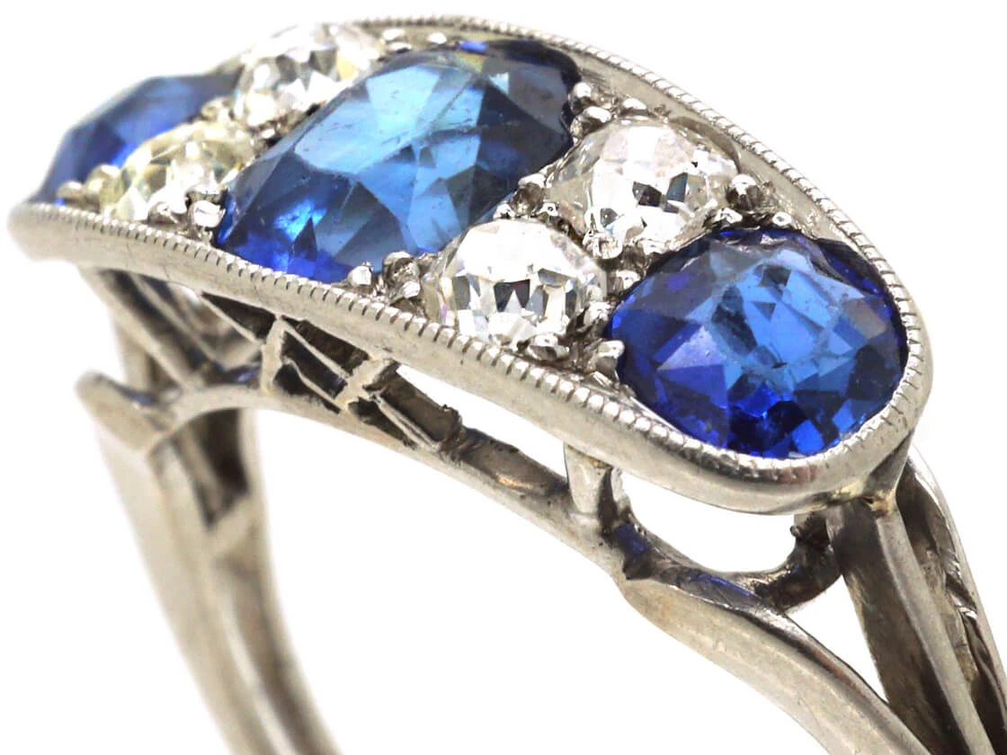 French Art Deco Platinum, Three Stone Sapphire & Diamond Ring 4 French Art Deco Platinum, Three Stone Sapphire & Diamond Ring - Image 2
