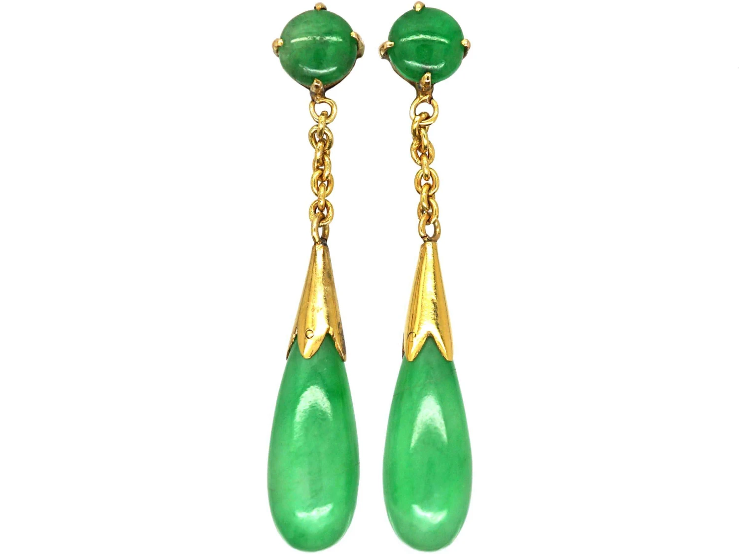 Art Deco 9ct Gold & Cabochon Jade Drop Earrings 3 Art Deco 9ct Gold & Cabochon Jade Drop Earrings