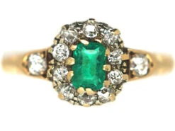 Edwardian 18ct Emerald & Diamond Cluster Ring With Diamond Set Shoulders