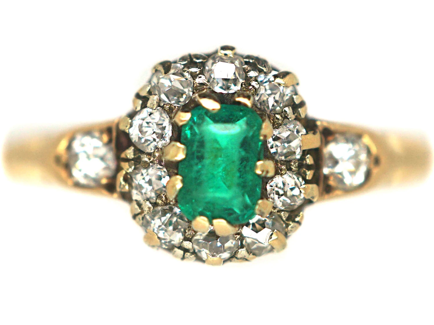 Edwardian 18ct Emerald & Diamond Cluster Ring With Diamond Set Shoulders 3 Edwardian 18ct Emerald & Diamond Cluster Ring With Diamond Set Shoulders